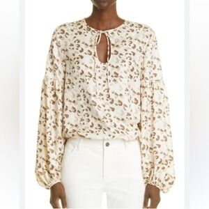 LAFAYETTE 148 Animal Cheetah Leopard Print Silk Blouse Tan Brown Balloon Sleeve